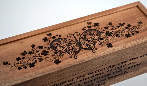 Irish Blessing Box - Vintage Butterfly Engraving with Four Leaf Clover Motif - For Tea, Trinkets or Treasures. - Popular Surprise Gift!