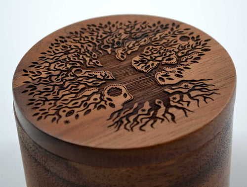Tree of Life Salt Cellar w/Swivel Cover - Engraved Acacia Wood - For Salt, Herbs or Trinkets!