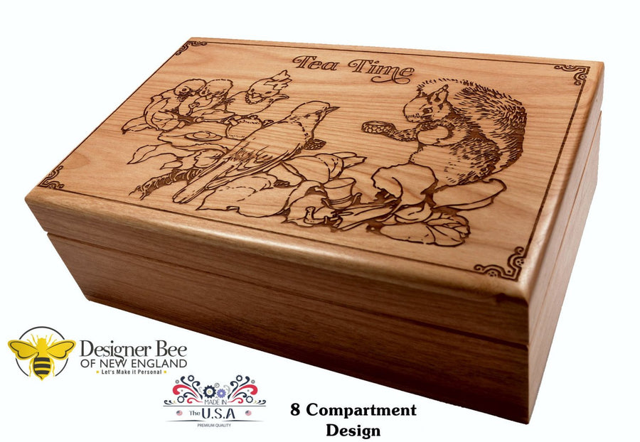 Wood Tea Box - Forest Friends Tea Party -  Reflect on Summer Breezes Year Around! Made in USA. Choose from 2 Sizes