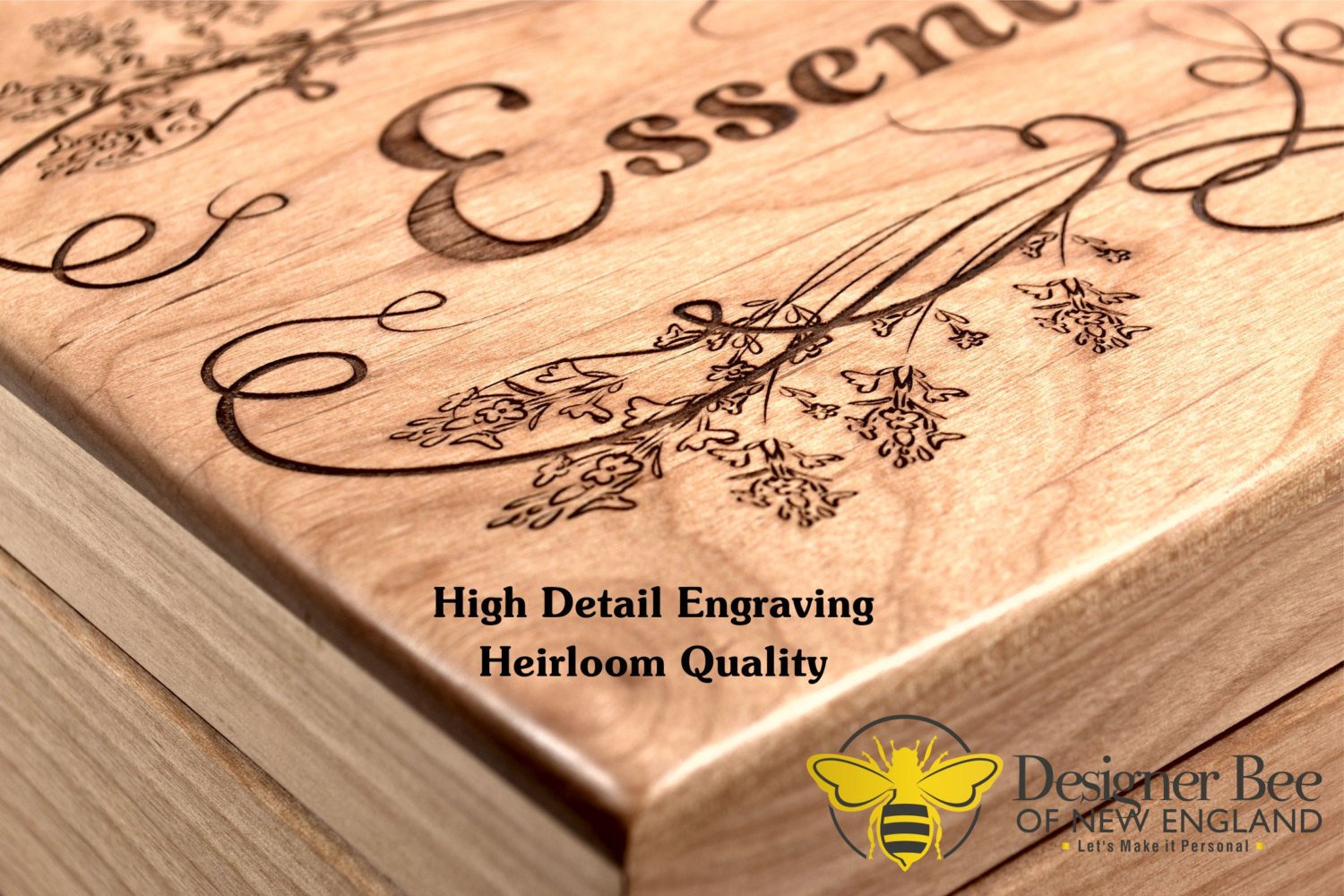 Essential Oil Storage Box - New Honeybees and Lavender Design! Beautiful High Detail Engraving - USA Made in Premium Alder - 2 Sizes