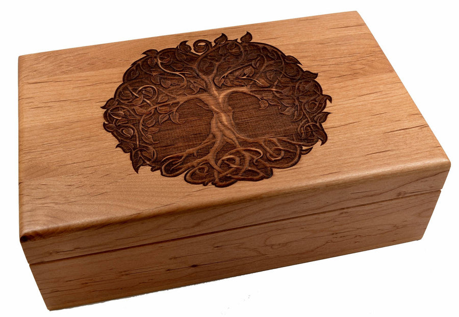 Wood Tea Box-Keepsake Box-Essentials Oils Box-Tree of Life Design-Heirloom Quality-Vintage Engraving. Personalize It. Made in the USA