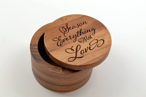 Great Kitchen Gift for Mom or the Cook in Your Life! Salt Keeper with Swivel Cover - Engraved Acacia Wood - Season Everything With Love!