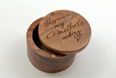 Mom Gift! Salt Keeper with Swivel Cover - Engraved Acacia Wood - Happiness is My Mother's Cooking! Made in the USA - Fast Shipping!