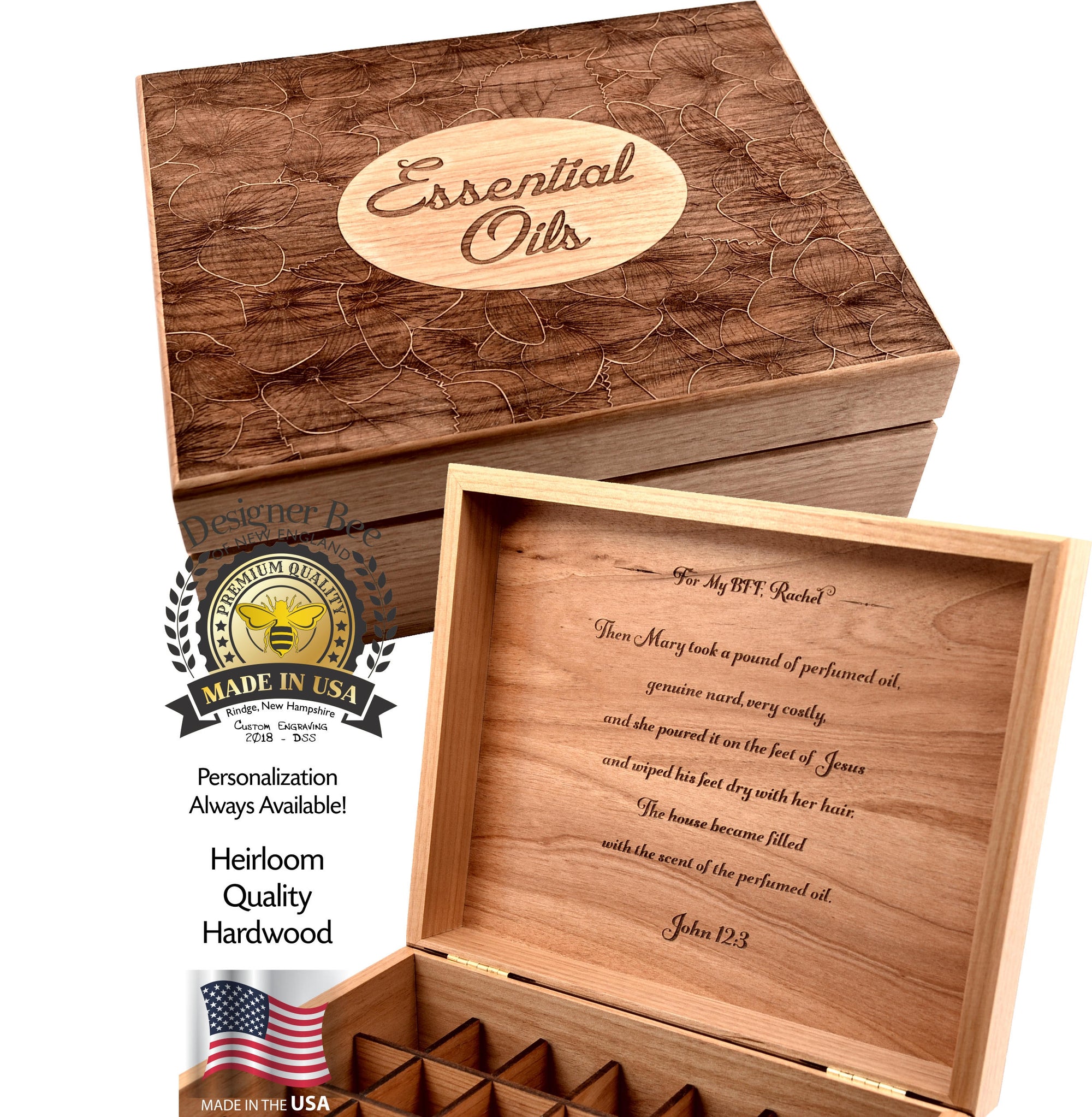 Essential Oil Storage Box-Violet Garden Design Engraved in Heirloom Quality Hardwood-Perfect for Young Living and DoTerra Oils