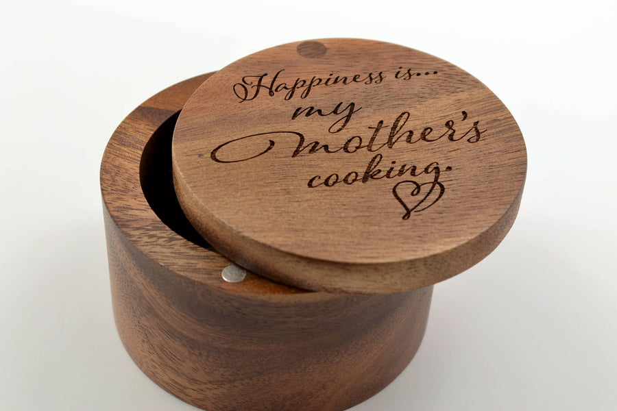 Mom Gift! Salt Keeper with Swivel Cover - Engraved Acacia Wood - Happiness is My Mother's Cooking! Made in the USA - Fast Shipping!