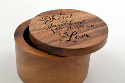 Great Kitchen Gift for the Cook in Your Life! Salt Keeper with Swivel Cover - Engraved Acacia Wood - The Secret Ingredient is Always Love!
