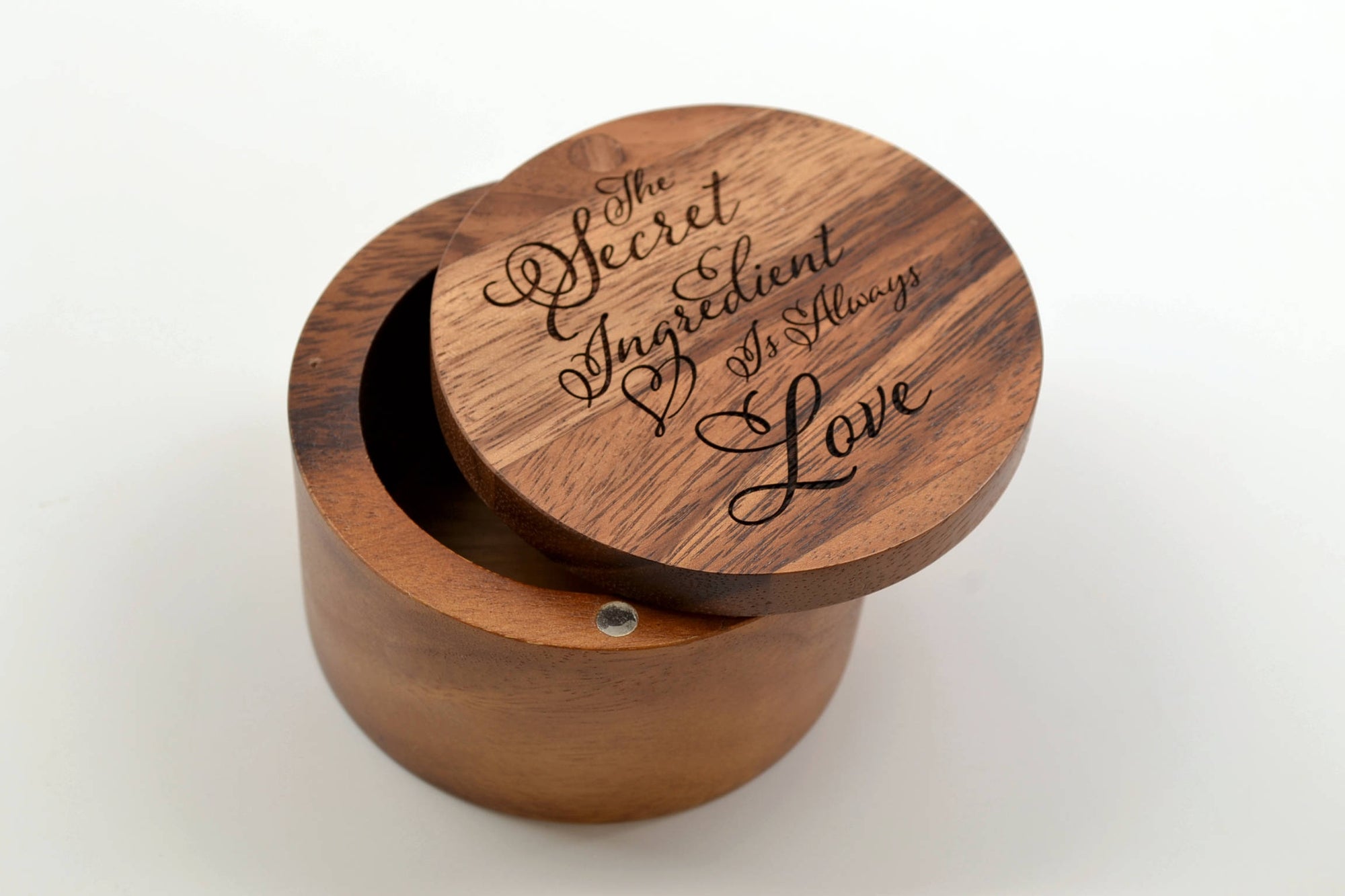 Great Kitchen Gift for the Cook in Your Life! Salt Keeper with Swivel Cover - Engraved Acacia Wood - The Secret Ingredient is Always Love!