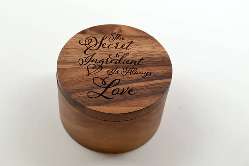 Great Kitchen Gift for the Cook in Your Life! Salt Keeper with Swivel Cover - Engraved Acacia Wood - The Secret Ingredient is Always Love!