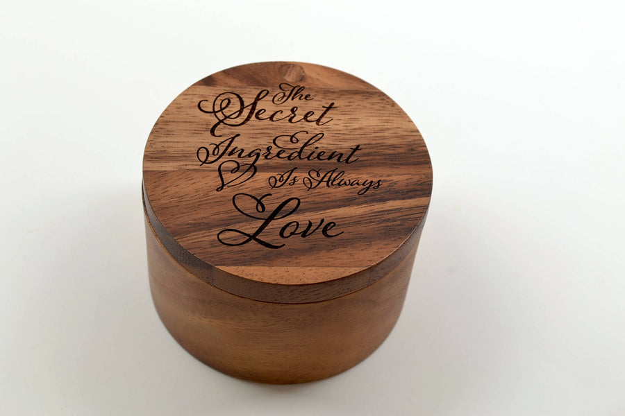 Great Kitchen Gift for the Cook in Your Life! Salt Keeper with Swivel Cover - Engraved Acacia Wood - The Secret Ingredient is Always Love!