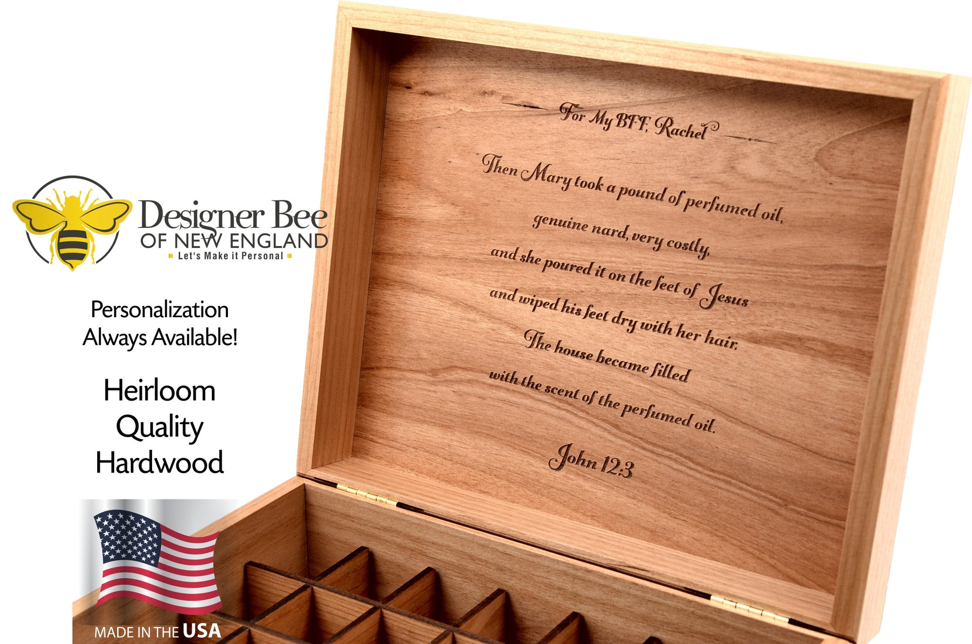 Essential Oil Storage Box - New Honeybees and Lavender Design! Beautiful High Detail Engraving - USA Made in Premium Alder - 2 Sizes