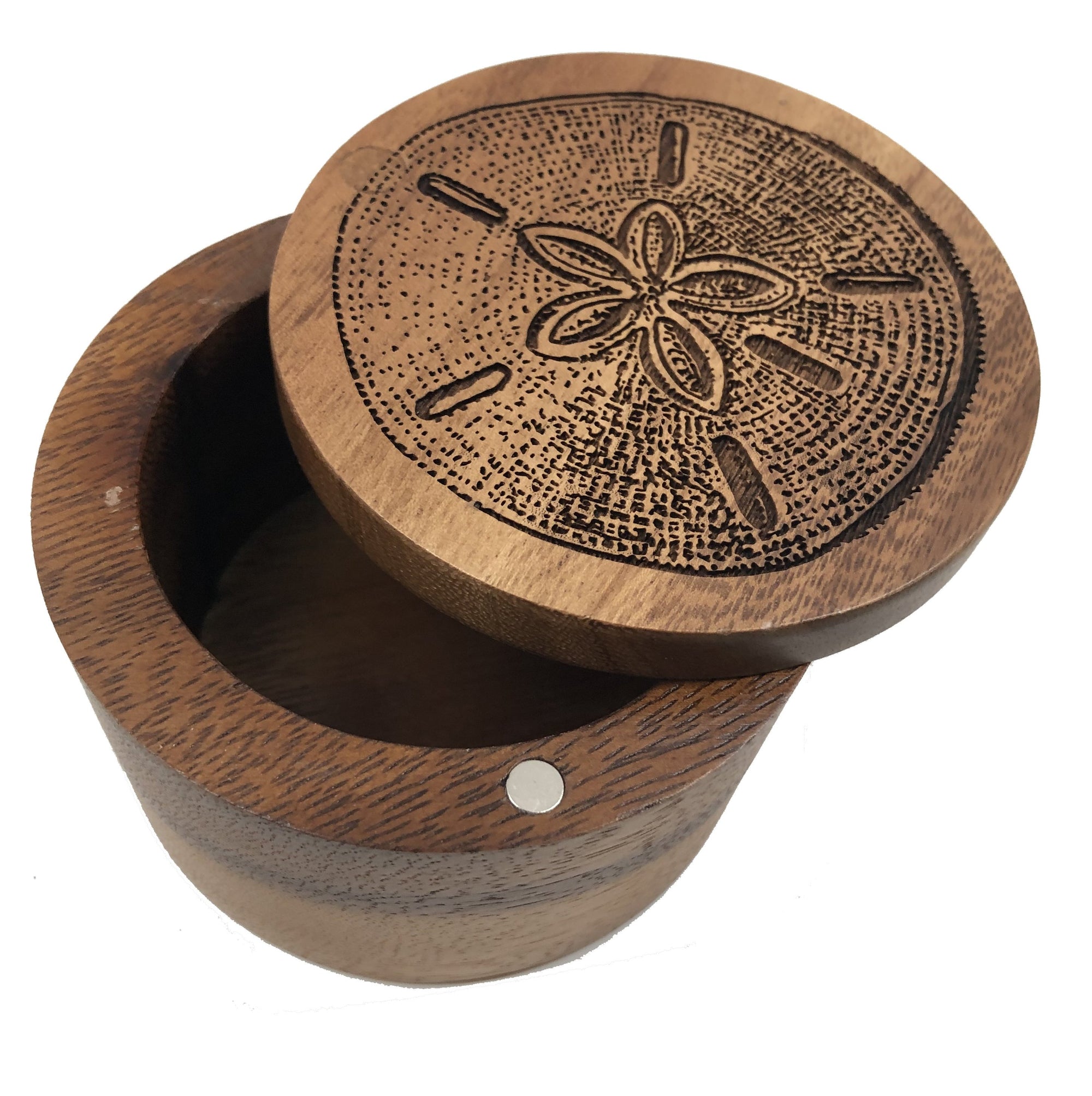 Sand Dollar Salt Cellar w/Swivel Cover - Engraved Acacia Wood - For Salt, Herbs or Trinkets!