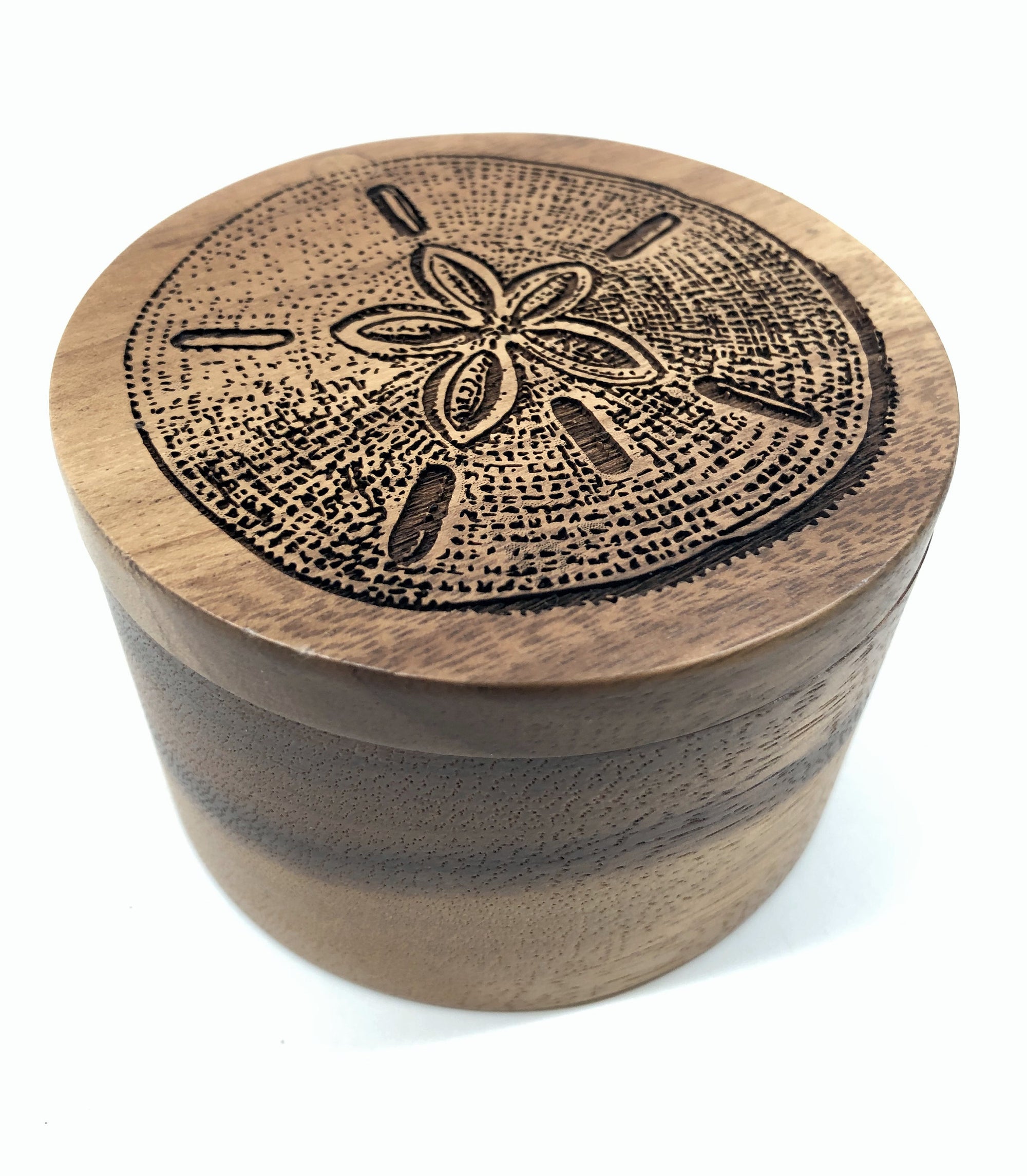 Sand Dollar Salt Cellar w/Swivel Cover - Engraved Acacia Wood - For Salt, Herbs or Trinkets!