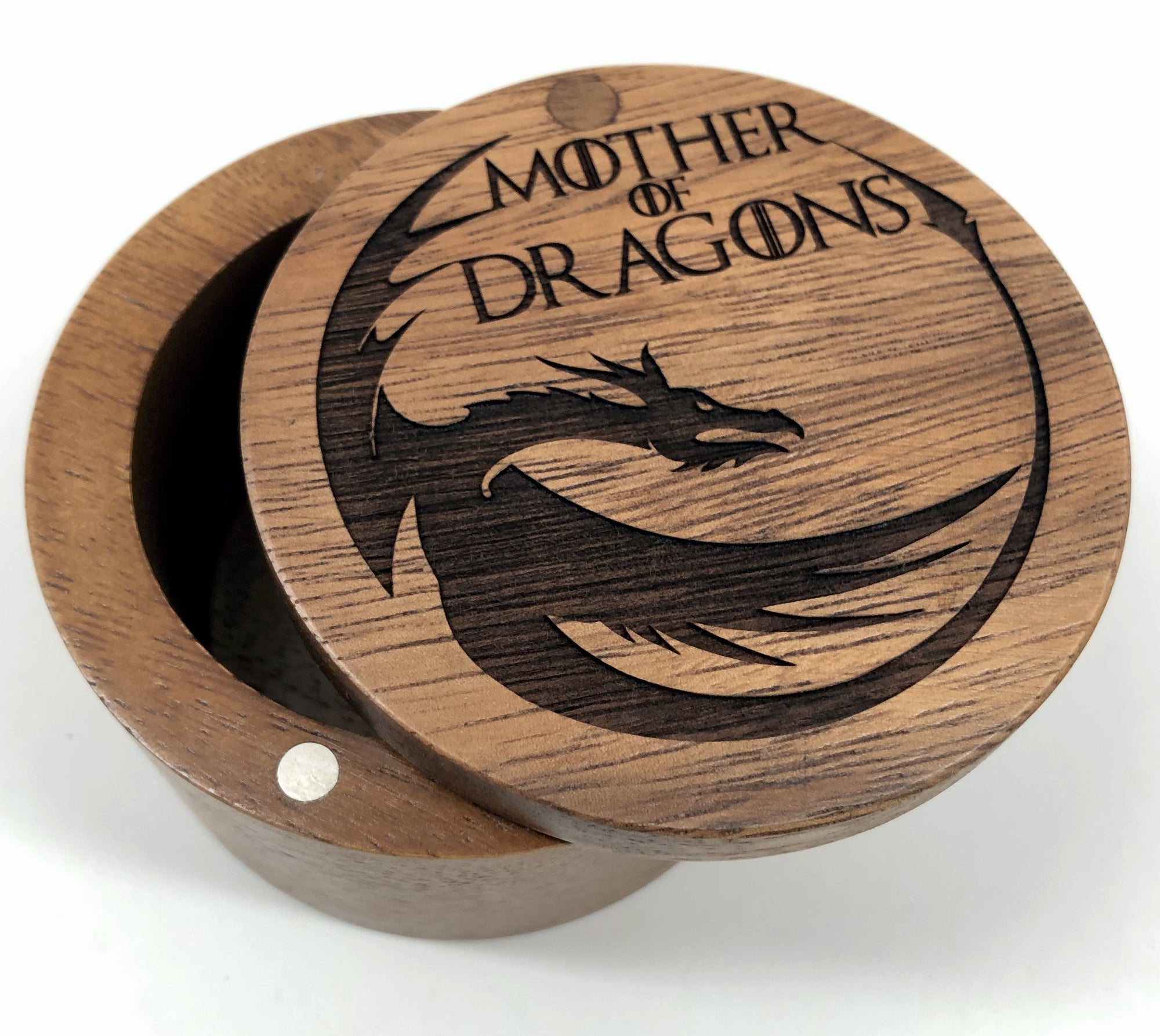 Mother of Dragons Salt Cellar w/Swivel Cover - Engraved Acacia Wood - For Salt, Herbs or Trinkets!