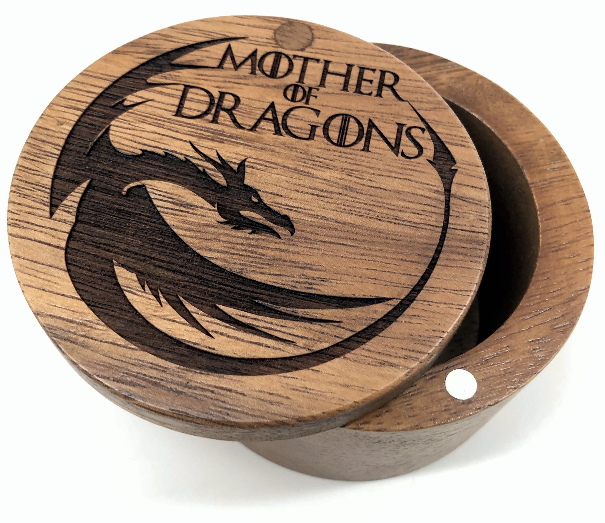 Mother of Dragons Salt Cellar w/Swivel Cover - Engraved Acacia Wood - For Salt, Herbs or Trinkets!