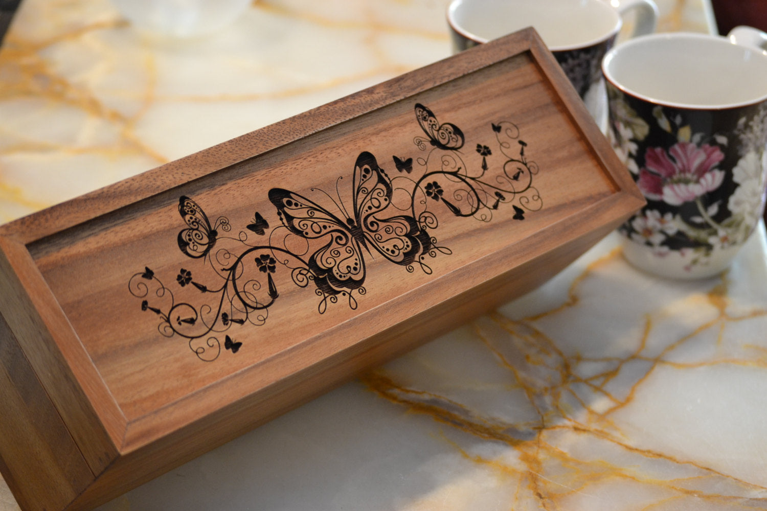 Tea Box with Vintage Butterfly Engraving for Perfect for Tea, Trinkets -  Designer Bee of New England