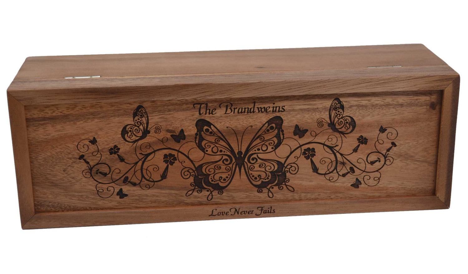 Tea Box - PERSONALIZED - Vintage Butterfly Engraving for Tea, Trinkets or Treasures - Made from Solid Acacia Wood