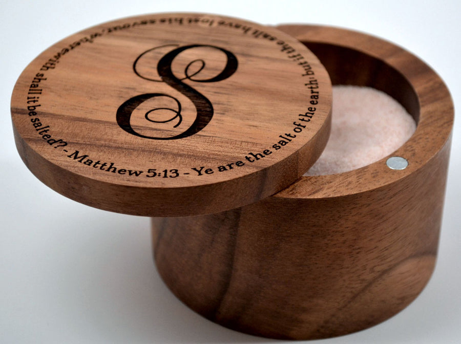 Personalized Acacia Wood Salt Keeper with Swivel Cover - Engraved - Monogramming Included in Price
