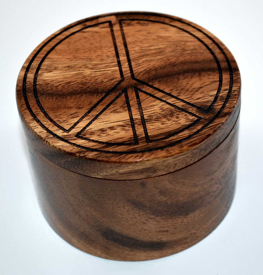 Peace Symbol Salt Cellar with Swivel Cover - Engraved Acacia Wood - For Salt, Herbs, Trinkets or Treasures!