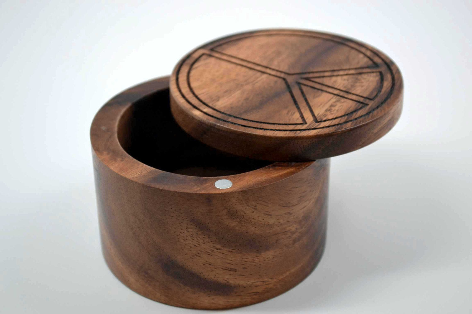 Peace Symbol Salt Cellar with Swivel Cover - Engraved Acacia Wood - For Salt, Herbs, Trinkets or Treasures!