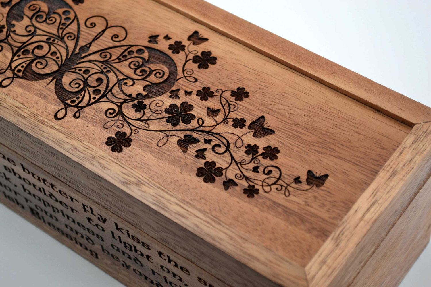 Irish Blessing Box - Vintage Butterfly Engraving with Four Leaf Clover Motif - For Tea, Trinkets or Treasures. - Popular Surprise Gift!