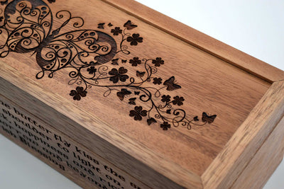Irish Blessing Box - Vintage Butterfly Engraving with Four Leaf Clover Motif - For Tea, Trinkets or Treasures. - Popular Surprise Gift!