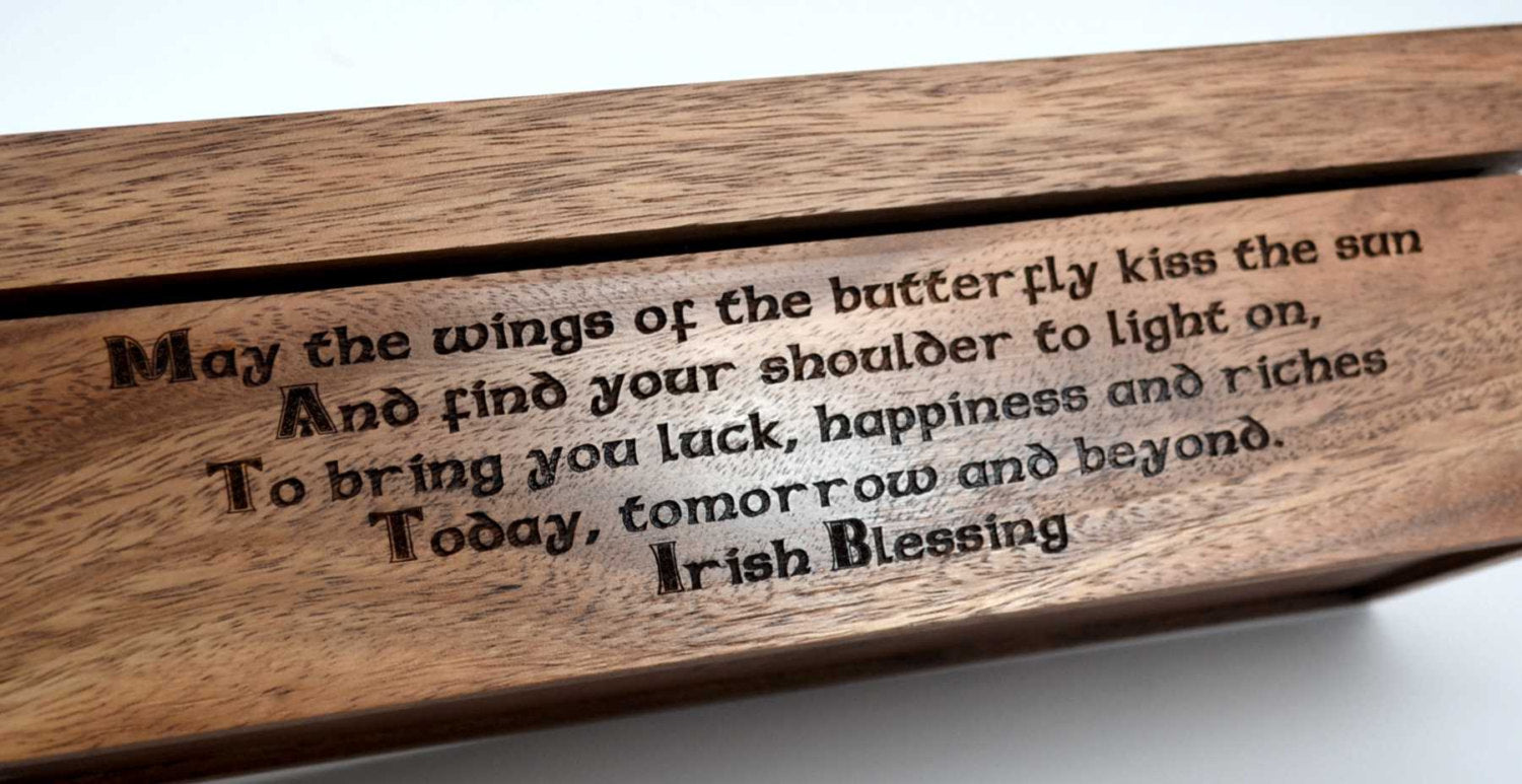 Irish Blessing Box - Vintage Butterfly Engraving with Four Leaf Clover Motif - For Tea, Trinkets or Treasures. - Popular Surprise Gift!