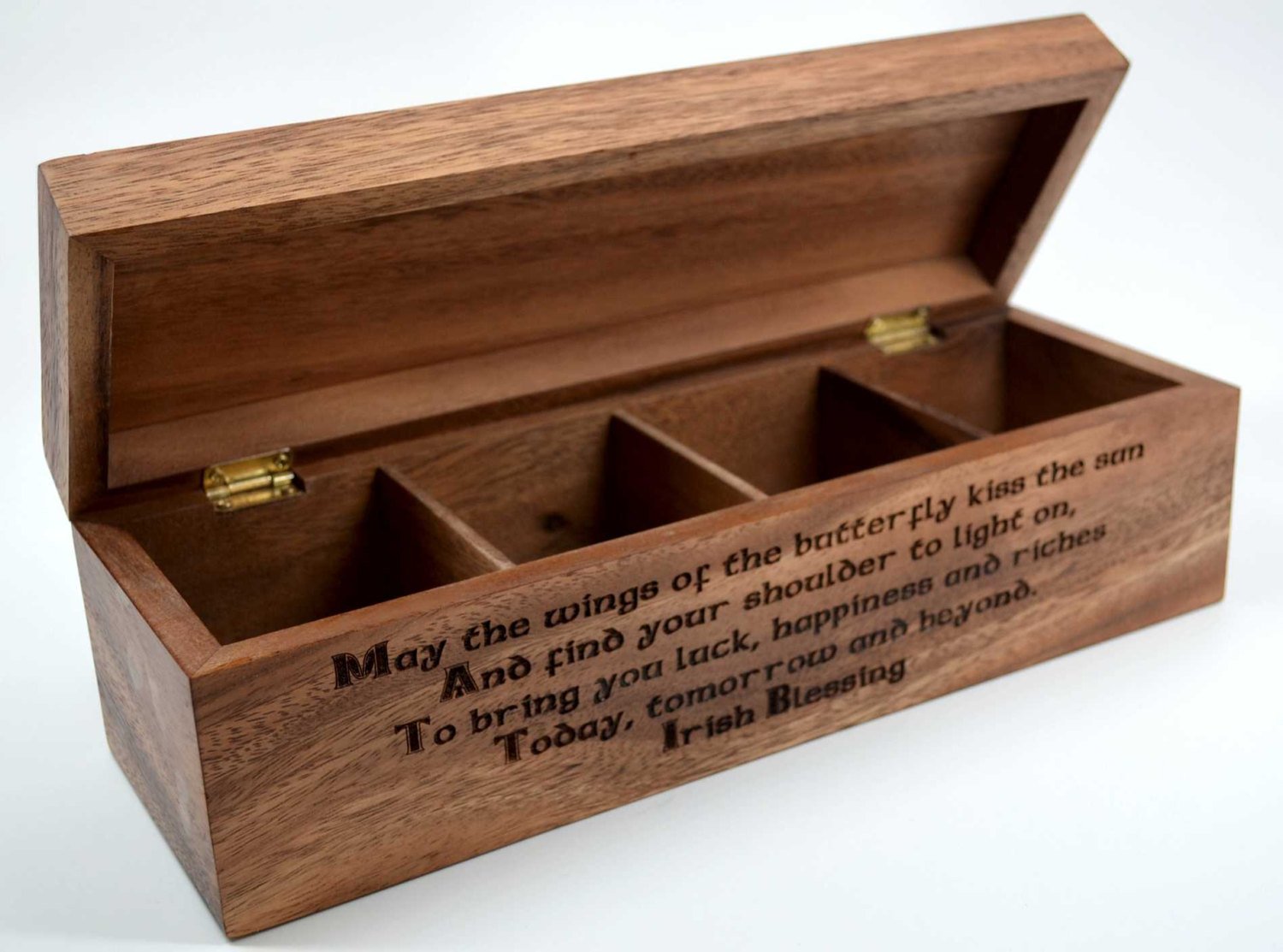 Irish Blessing Box - Vintage Butterfly Engraving with Four Leaf Clover Motif - For Tea, Trinkets or Treasures. - Popular Surprise Gift!