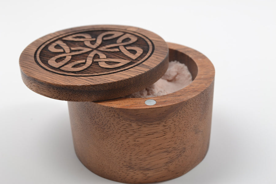 Celtic Knot Design Salt Keeper with Swivel Cover - Engraved Acacia Wood - For Salt, Herbs, Trinkets or Treasures!
