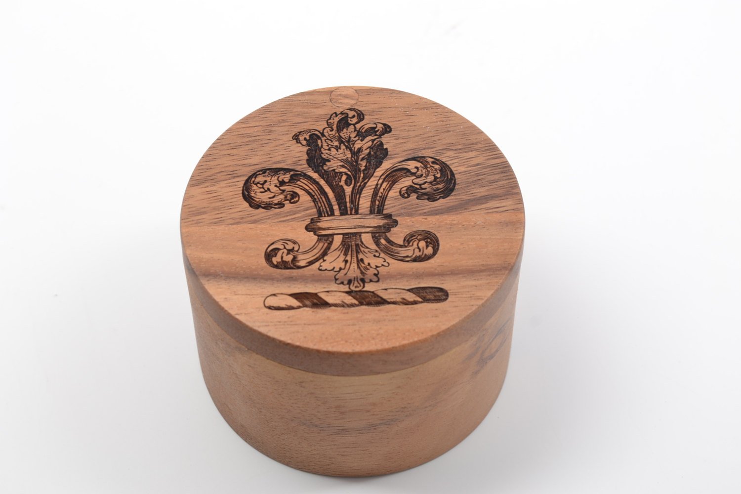 Fleur-de-lis Design Salt Keeper with Swivel Cover - Engraved Acacia Wood - For Salt, Herbs, Trinkets or Treasures!