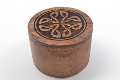 Celtic Knot Design Salt Keeper with Swivel Cover - Engraved Acacia Wood - For Salt, Herbs, Trinkets or Treasures!