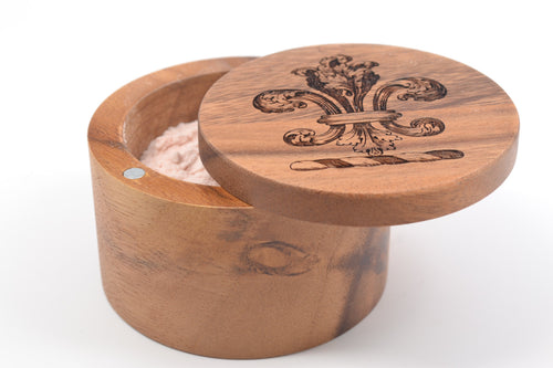 Fleur-de-lis Design Salt Keeper with Swivel Cover - Engraved Acacia Wood - For Salt, Herbs, Trinkets or Treasures!